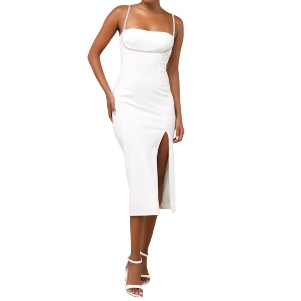 Lulus White Rhinestone Midi Dress Bridal Shower Bachelorette Graduation L NWT